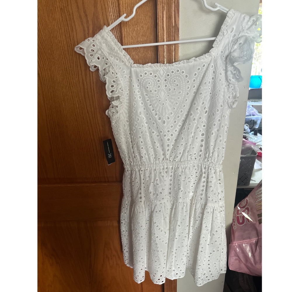 INC International Concepts White Eyelet Ruffle Sleeve Mini Dress Boho Coastal - Picture 2 of 5